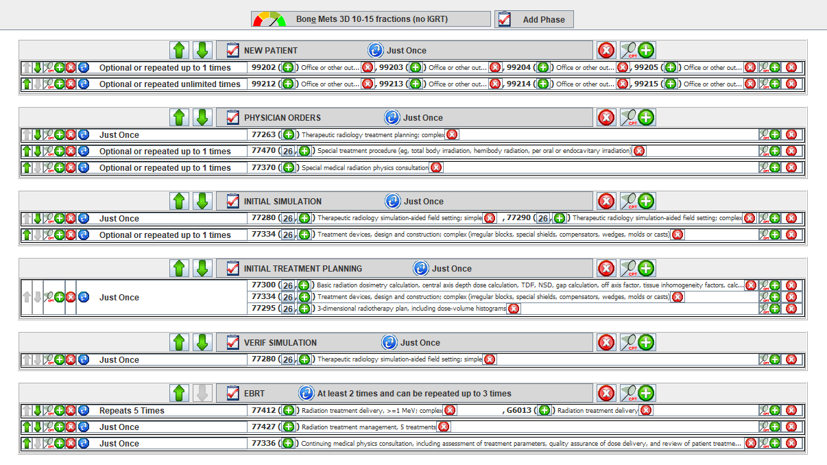 CodePath template editor for a bone metastases 3D course, with phases for the new patient visit, physician orders, simulation, treatment planning, verification simulation and treatment delivery, each listing its expected codes and counts.